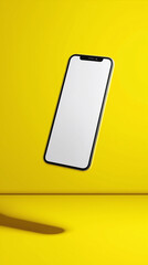An artistic, eye-catching and aesthetically-pleasing photo of a floating cell phone with a bright blank screen, captured with a minimalist design on a bold yellow background.