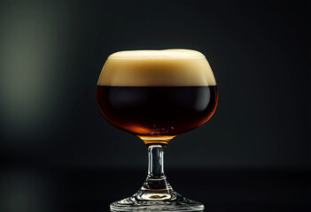Close-up of a dark beer in a special glass, showcasing the head.