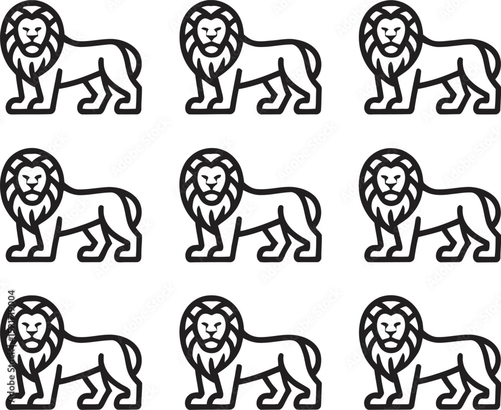 Poster vector illustration of a repeating pattern of line art lions in a simple and clean design