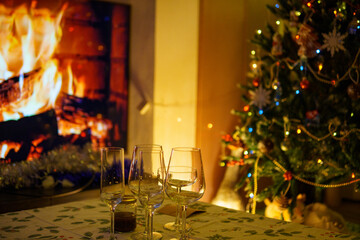 Cozy Christmas Evening with Champagne by the Fireplace