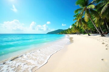 Sun-drenched beach scene with calm turquoise water lapping gently on the shore, soft white sand, and a vibrant blue sky Perfect for travel, vacation, and summer themes , outdoor, travel