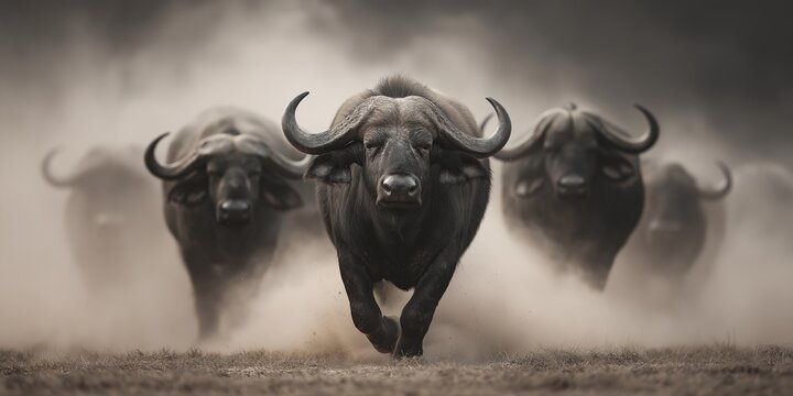 Aggressive Cape Buffalo Running Toward Camera in African Savanna