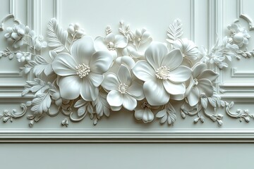 Elegant white flower arrangement adorns a panelled wall, artfully sculpted. Use as a backdrop for weddings, invites, or luxurious floral designs.