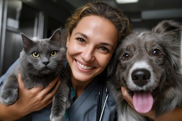 Veterinarian showcases bond with cat and dog by providing compassionate care during a routine check-up