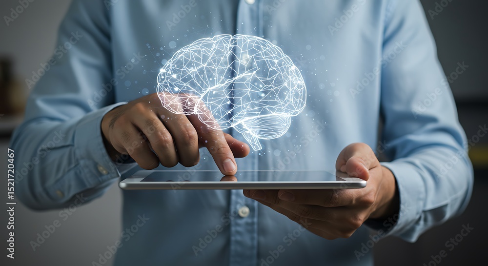 Poster modern concept of artificial intelligence and digital brain displayed on a tablet device