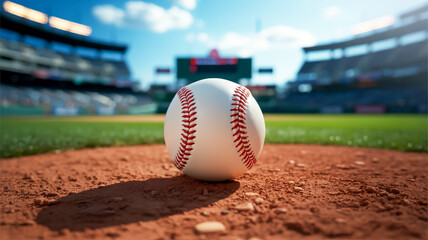 A centered white leather baseball with red stitching rests on textured dirt, stadium and sky softly blurred in the background