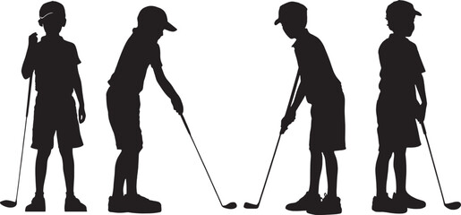 A bundle of four unique boy golfer silhouettes in various poses &ndash; standing, swinging, putting. Ideal for SVG packs, youth golf merch, and educational tools.