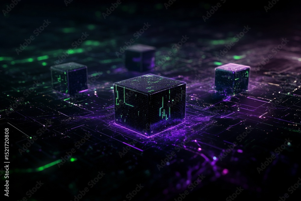 Poster floating cubes with glowing edges in a dark cosmic background during a digital art creation.