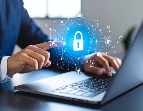 Cybersecurity Concept with Businessman Using Laptop and Digital Padlock Icon.