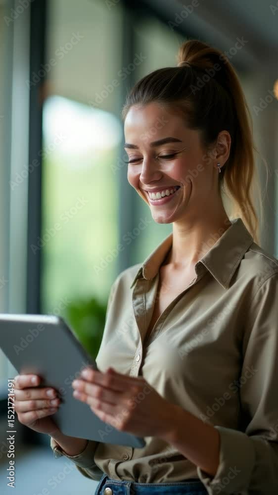 Poster a woman smiling and holding a tablet computer, possibly browsing or working
