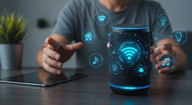 Man interacting with smart speaker interface controlling smart home technology and devices