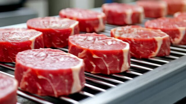 Fresh beef steaks lined on metal grill with focus on texture and juicy red color