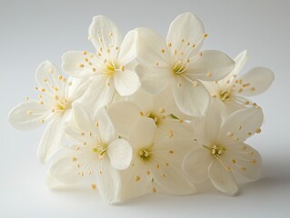 Elegant white cherry blossoms, petals and delicate stamens are in focus. Ideal for spring themes, beauty, purity, and natural wellness products.