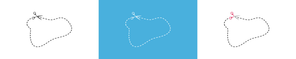 Cut scissors icon. Border icons in vector design style. Cur paper graphic sign. Dotted line.