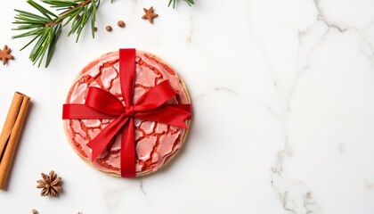 Festively decorated cookie with red ribbon on marble countertop  