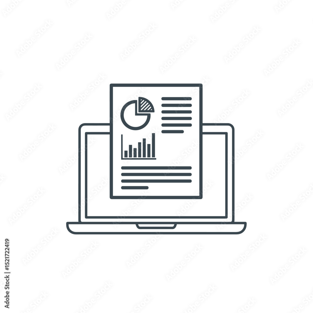 Poster online report icon - laptop displaying document with data charts and graphs
