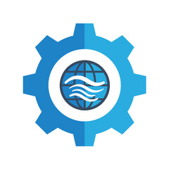 Global Operations or International Settings Gear Icon with World and Waves