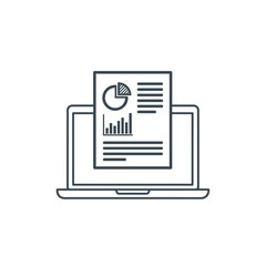 Online Report Icon - Laptop Displaying Document with Data Charts and Graphs