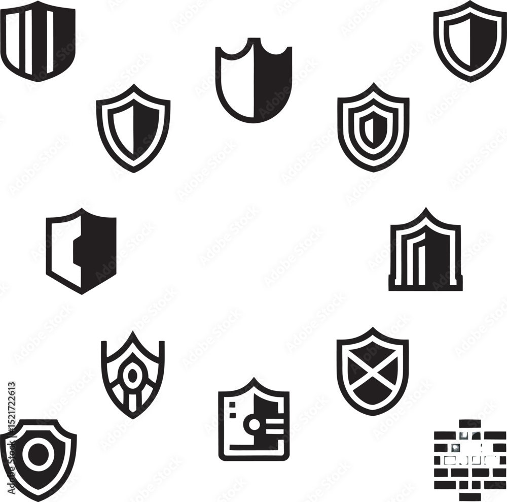 Poster a collection of minimalistic black and white shield icons representing protection and security conce
