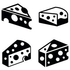 Black and White Illustration of Four Cheese Wedge Designs with Swiss Cheese Holes