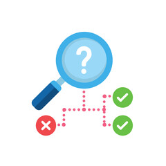 Problem Identification Process Icon, Magnifying Glass with Question and Checkmarks
