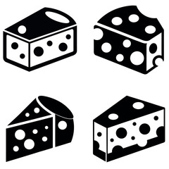 Four Black and White Cheese Icons Block, Slice, Gouda Style, and BiteSized
