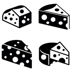 Four Black and White Swiss Cheese Block and Slice Icons with Holes Illustration