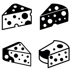 Four Black and White Stylized Cheese Wedge Icons with Various Hole Patterns