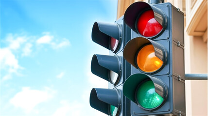A close-up of a modern black traffic light with red yellow and green bulbs set against a bright blue cloudy sky