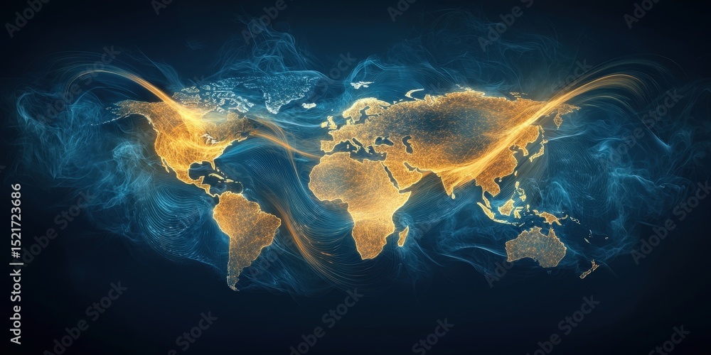 Poster a glowing world map with golden lines representing global connectivity on a dark blue background.