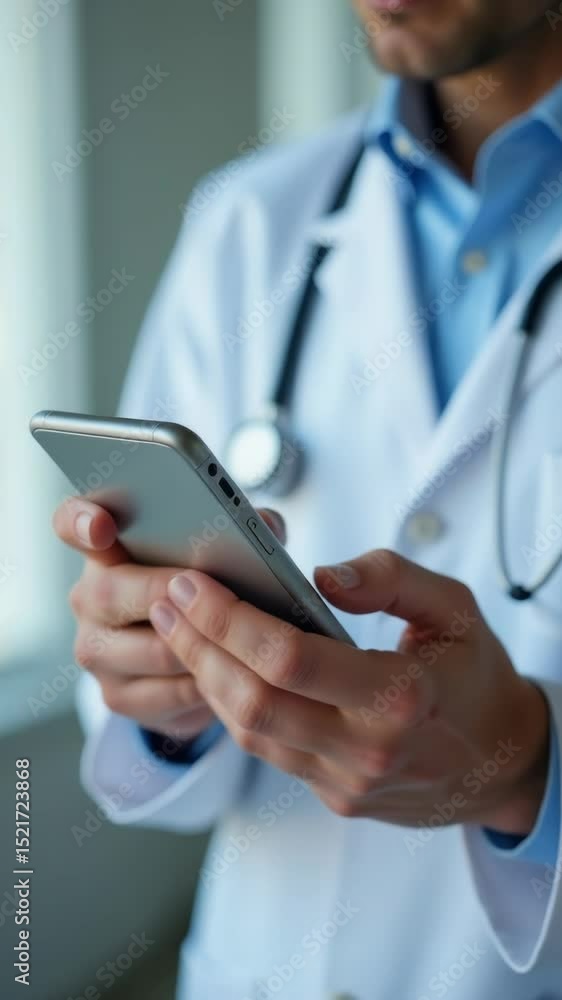 Poster a person in a white laboratory coat holds a cell phone, possibly waiting for an important call or ch