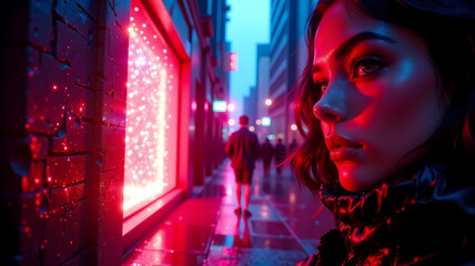 woman in the night near the luminous screen