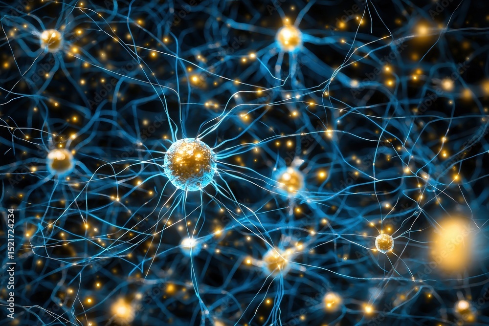 Poster system connectivity implementation concept. intricate network of neurons with glowing connections ag