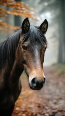 Naklejka premium Majestic brown horse stands calmly in misty forest with vibrant autumn leaves on the ground