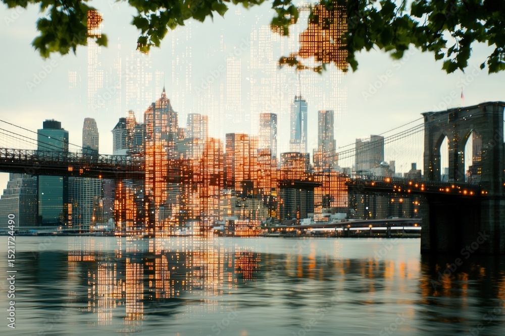 Poster system connectivity implementation concept. city skyline with a bridge reflected in water, framed by