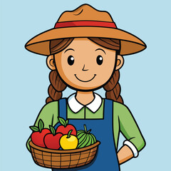 farmer woman with a straw hat holding a produce basket