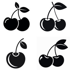 Black and White Cherry Icon Set Fresh Fruit Illustration for Design Projects