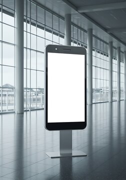 Modern smartphone display with a blank screen in a minimalist architectural setting