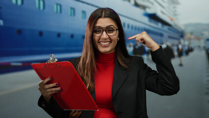 Woman smiling at port with clipboard, wearing glasses, standing outdoors near large boat with people in background, exuding confidence and professionalism in a vibrant setting.