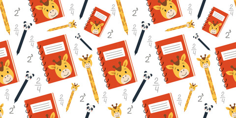 
Back to school seamless pattern with giraffe notebooks, panda and giraffe pens, cute pencils, and math symbols on white background — colorful vector illustration for children’s education.