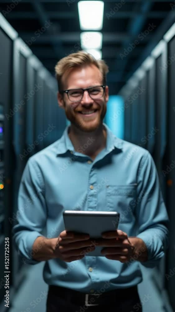 Aufkleber Technician working on servers with tablet in hand, great for IT and technology related images