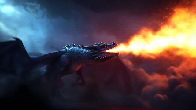 Dragon exhaling fire dramatic scene