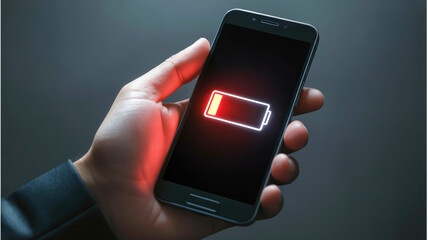 A close-up of a hand in a black sleeve holding a smartphone showing a glowing red low battery icon against darkness