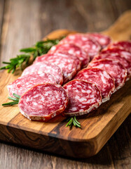 Thinly sliced cured Italian salami is artfully arranged on a rustic wooden board, accompanied by sprigs of fresh rosemary, ready to be enjoyed as a savory delicacy.