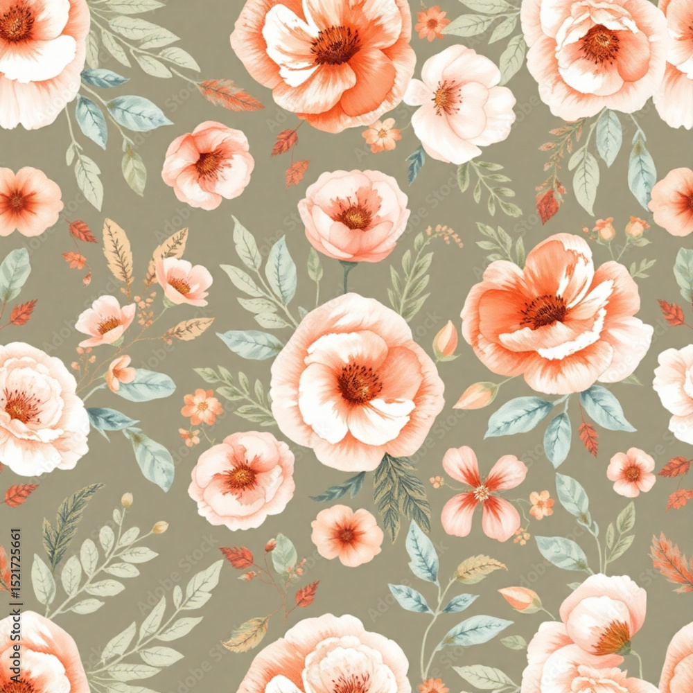 Poster seamless floral pattern with peach colored flowers and green leaves on a muted green background desi