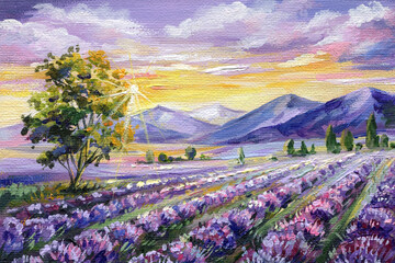 Lavender field landscape at sunset with tree and mountains, impressionist floral acrylic painting, summer countryside art