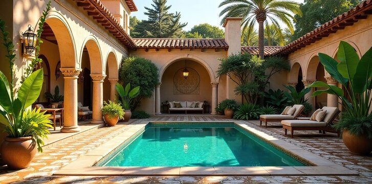 Sun-drenched Seville patio with ornate tilework, lush plants, and a shimmering pool reflecting the Andalusian sun Evokes opulence and relaxation in a classic Spanish style , exterior design, pool