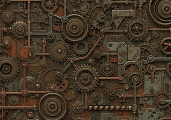 Intricate steampunk background with rusty metal gears, cogs, and various mechanical elements
