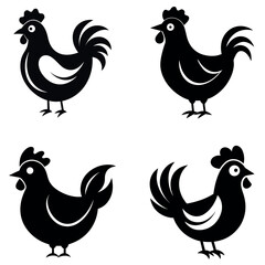 Four Black and White Rooster Silhouette Illustrations Depicting Different Stylized Shapes and Positions