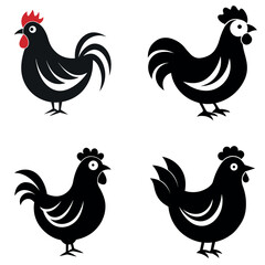 Four Black and White Rooster Silhouette Illustrations with Different Combs and Tails on White